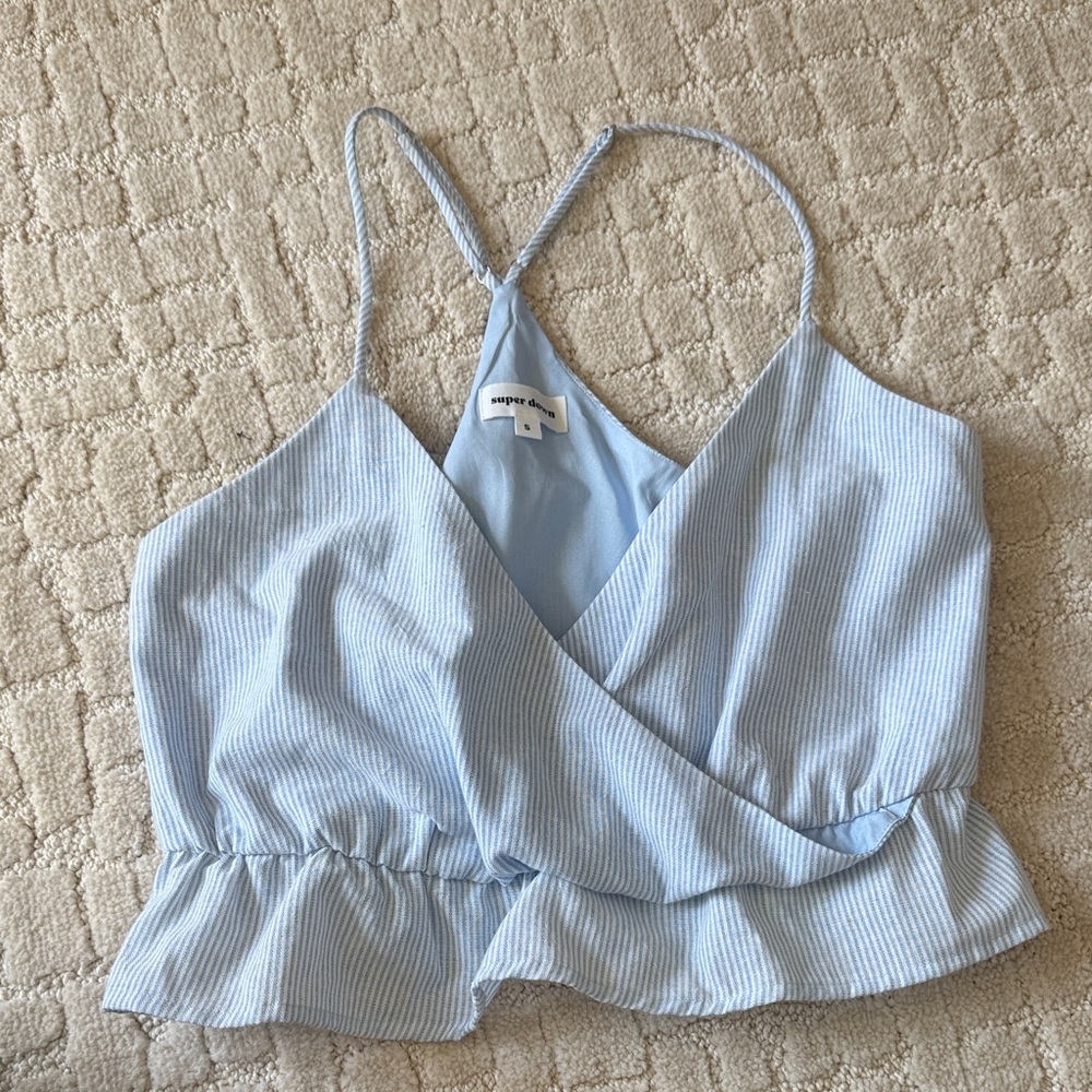 Superdown Light Blue Pinstriped Wrap Top